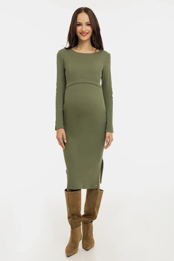 Ριπ βαμβακερό φόρεμα εγκυμοσύνης και θηλασμού- χρώμα ελιάς