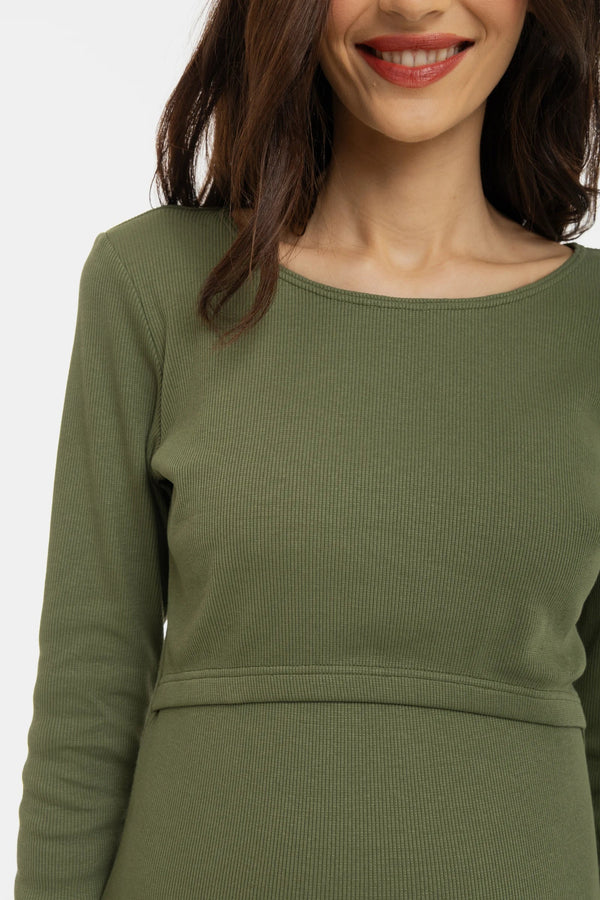 Ριπ βαμβακερό φόρεμα εγκυμοσύνης και θηλασμού- χρώμα ελιάς - - soonMAMA - Η σωστή προσθήκη στην κομψή και άνετη εγκυμοσύνη! - Παλτά για έγκυες