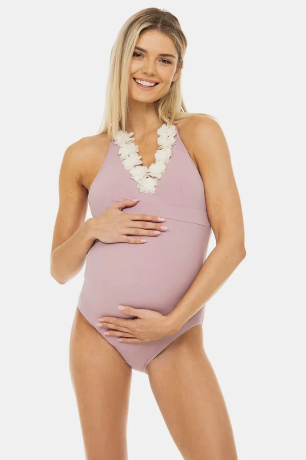 Ολόσωμο μαγιό εγκυμοσύνης με φλοράλ απλικέ σε χρώμα πούδρας - - soonMAMA - Η σωστή προσθήκη στην κομψή και άνετη εγκυμοσύνη! - Παλτά για έγκυες