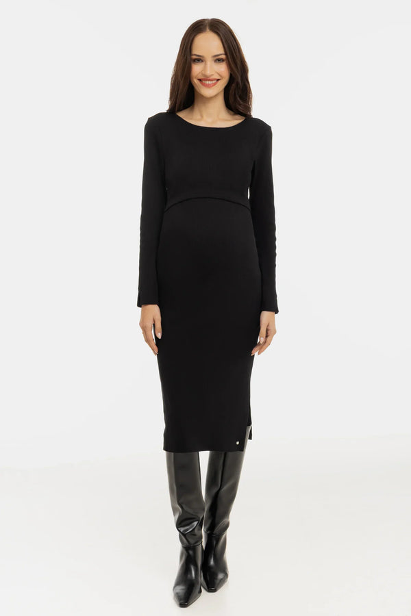 Ριπ βαμβακερό φόρεμα εγκυμοσύνης και θηλασμού - μαύρο - - soonMAMA - Η σωστή προσθήκη στην κομψή και άνετη εγκυμοσύνη! - Παλτά για έγκυες