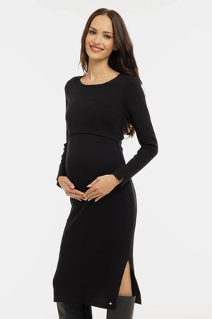 Μαύρο βαμβακερό φόρεμα εγκυμοσύνης και θηλασμού - - soonMAMA - Η σωστή προσθήκη στην κομψή και άνετη εγκυμοσύνη! - Παλτά για έγκυες