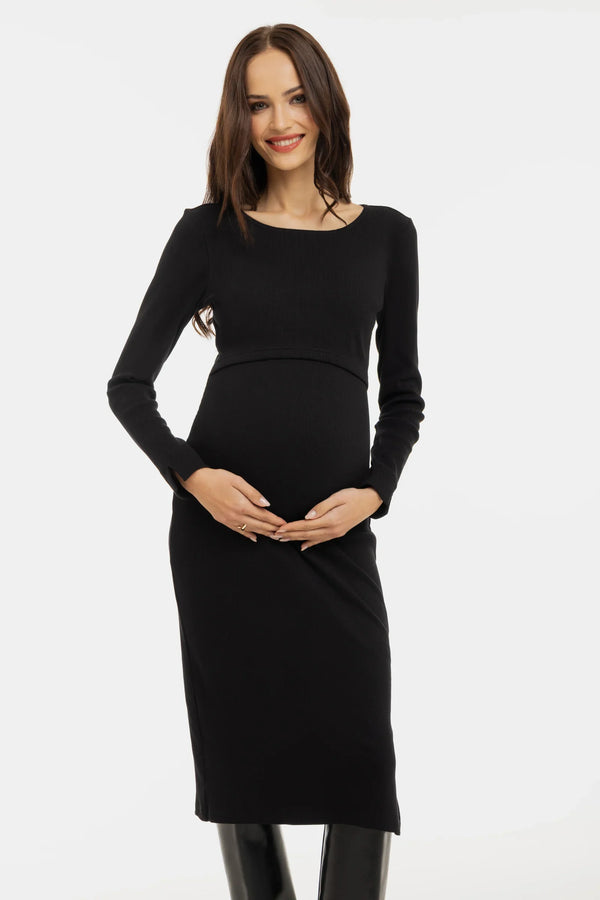 Ριπ βαμβακερό φόρεμα εγκυμοσύνης και θηλασμού - μαύρο - - soonMAMA - Η σωστή προσθήκη στην κομψή και άνετη εγκυμοσύνη! - Παλτά για έγκυες