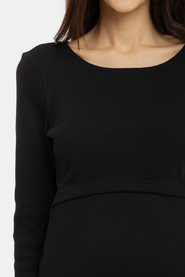 Ριπ βαμβακερό φόρεμα εγκυμοσύνης και θηλασμού - μαύρο - - soonMAMA - Η σωστή προσθήκη στην κομψή και άνετη εγκυμοσύνη! - Παλτά για έγκυες