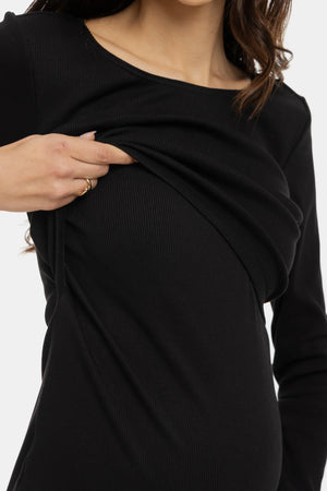 Ριπ βαμβακερό φόρεμα εγκυμοσύνης και θηλασμού - μαύρο - - soonMAMA - Η σωστή προσθήκη στην κομψή και άνετη εγκυμοσύνη! - Παλτά για έγκυες