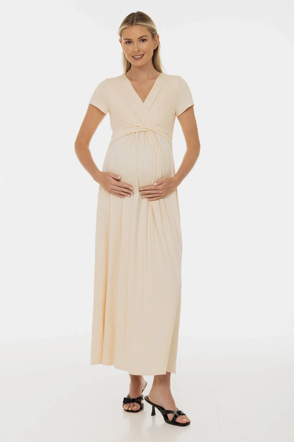 Φόρεμα εγκυμοσύνης και θηλασμού με διακοσμητική ζώνη – σαμπανί - - soonMAMA - Η σωστή προσθήκη στην κομψή και άνετη εγκυμοσύνη! - Παλτά για έγκυες