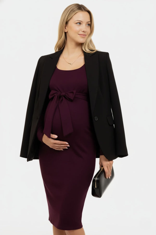 Κομψό μακρύ φόρεμα εγκυμοσύνης με φαρδιά ζώνη σε μπορντό χρώμα - - soonMAMA - Η σωστή προσθήκη στην κομψή και άνετη εγκυμοσύνη! - Παλτά για έγκυες