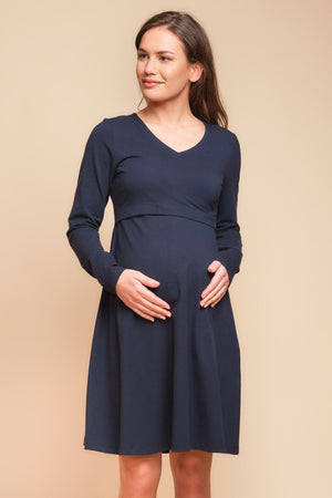 Βαμβακερό φόρεμα εγκυμοσύνης και θηλασμού σε γραμμή Α – σκούρο μπλε - - soonMAMA - Η σωστή προσθήκη στην κομψή και άνετη εγκυμοσύνη! - Παλτά για έγκυες