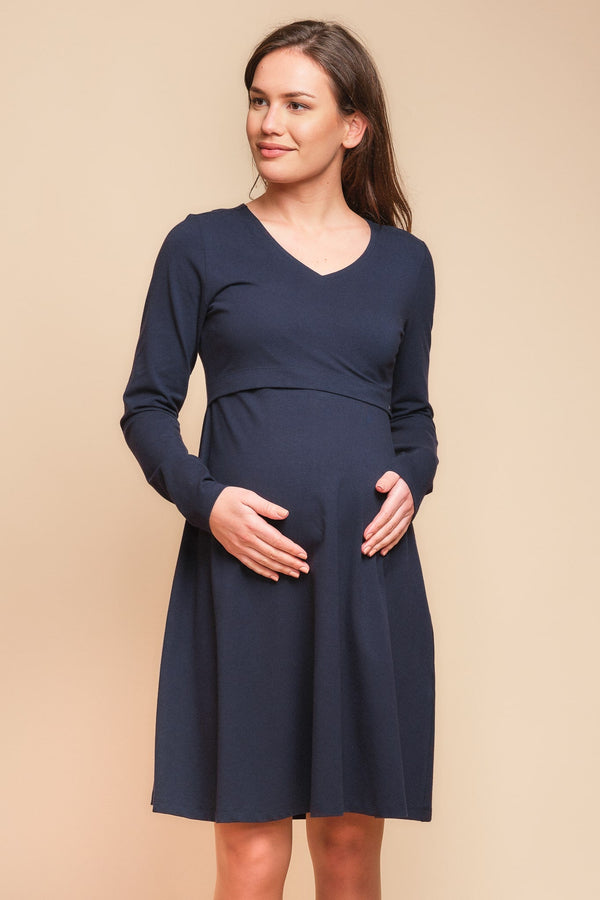 Βαμβακερό φόρεμα εγκυμοσύνης και θηλασμού σε γραμμή Α – σκούρο μπλε - - soonMAMA - Η σωστή προσθήκη στην κομψή και άνετη εγκυμοσύνη! - Παλτά για έγκυες