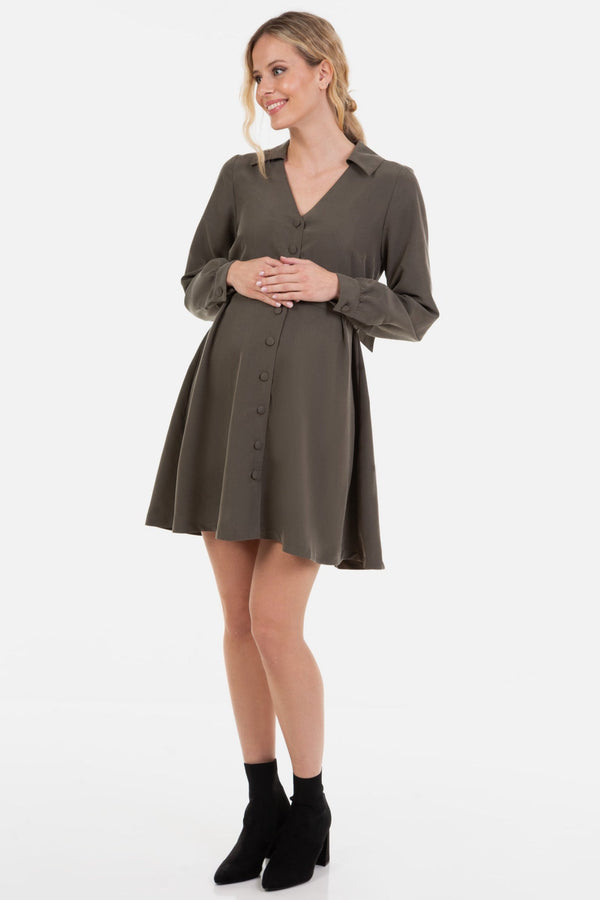 Φόρεμα εγκυμοσύνης και θηλασμού με γιακά – σε χακί χρώμα - - soonMAMA - Η σωστή προσθήκη στην κομψή και άνετη εγκυμοσύνη! - Παλτά για έγκυες