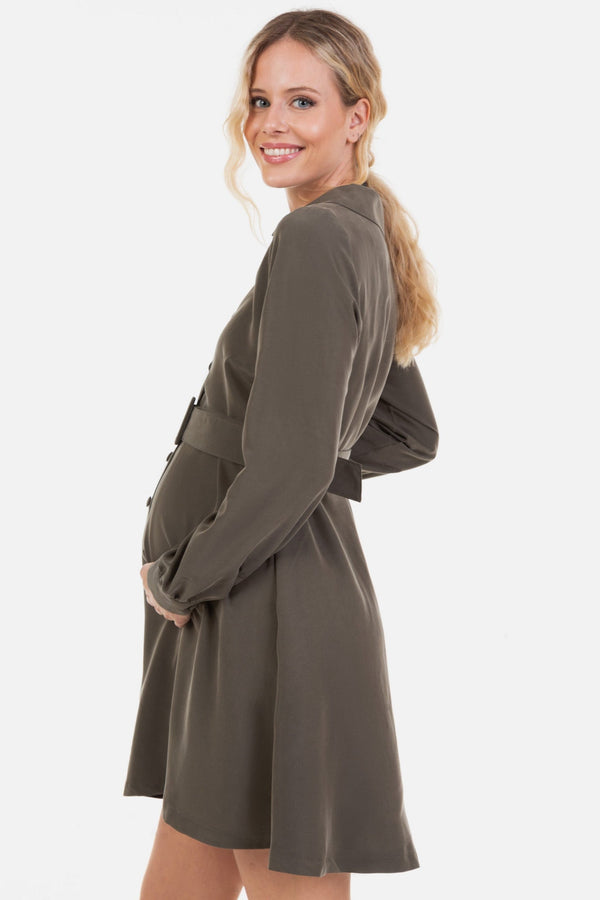 Φόρεμα εγκυμοσύνης και θηλασμού με γιακά – σε χακί χρώμα - - soonMAMA - Η σωστή προσθήκη στην κομψή και άνετη εγκυμοσύνη! - Παλτά για έγκυες