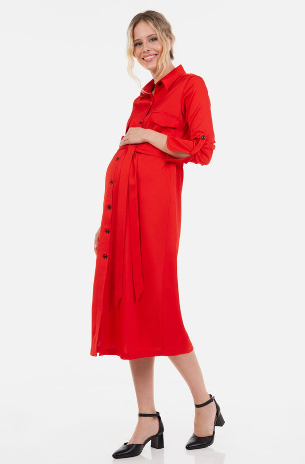 Μακρύ σατέν φόρεμα εγκυμοσύνης και θηλασμού σε κόκκινο -  - soonMAMA - Η σωστή προσθήκη στην κομψή και άνετη εγκυμοσύνη! - Παλτά για έγκυες