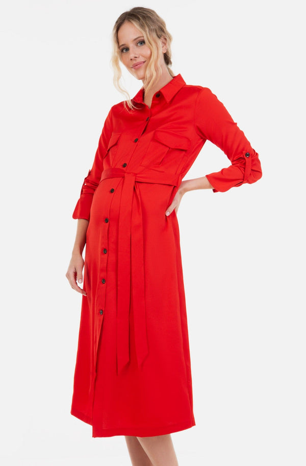 Μακρύ σατέν φόρεμα εγκυμοσύνης και θηλασμού σε κόκκινο