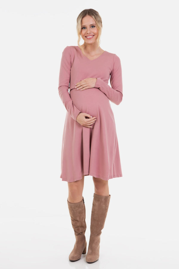 Κομψό φόρεμα εγκυμοσύνης και θηλασμού σε χρώμα πούδρας - - soonMAMA - Η σωστή προσθήκη στην κομψή και άνετη εγκυμοσύνη! - Παλτά για έγκυες