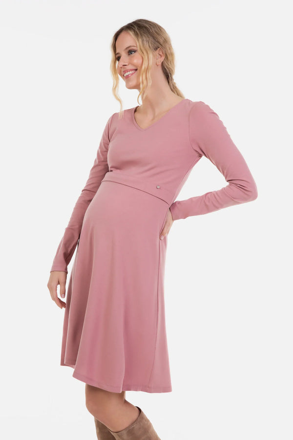 Κομψό φόρεμα εγκυμοσύνης και θηλασμού σε χρώμα πούδρας - - soonMAMA - Η σωστή προσθήκη στην κομψή και άνετη εγκυμοσύνη! - Παλτά για έγκυες