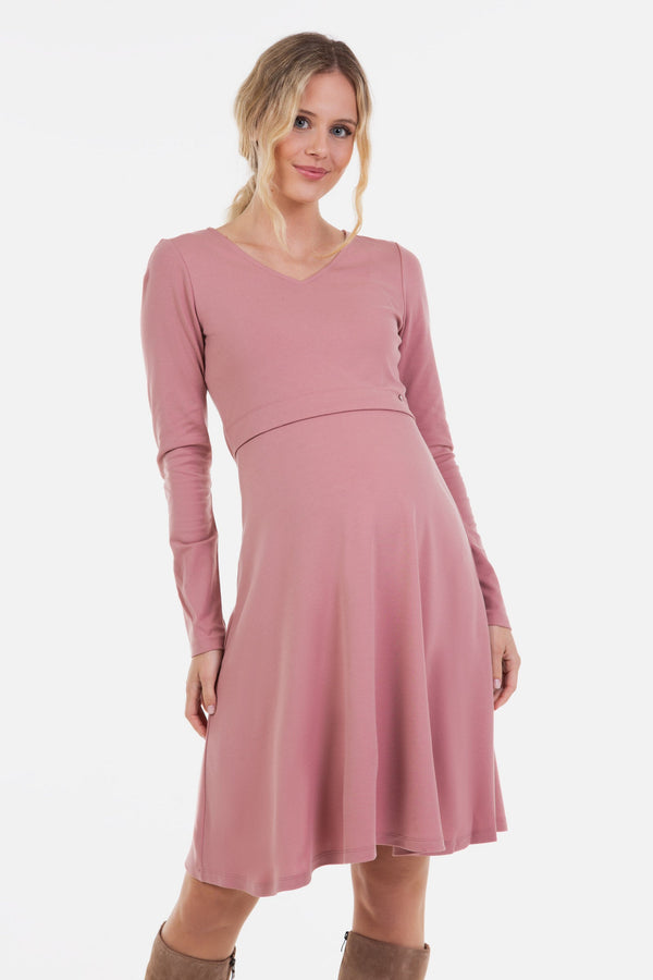 Κομψό φόρεμα εγκυμοσύνης και θηλασμού σε χρώμα πούδρας - - soonMAMA - Η σωστή προσθήκη στην κομψή και άνετη εγκυμοσύνη! - Παλτά για έγκυες