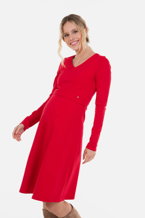 Κομψό κόκκινο φόρεμα εγκυμοσύνης και θηλασμού - - soonMAMA - Η σωστή προσθήκη στην κομψή και άνετη εγκυμοσύνη! - Παλτά για έγκυες