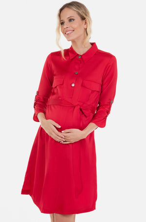 Γυαλιστερό φόρεμα εγκυμοσύνης και θηλασμού με γιακά σε κόκκινο -  - soonMAMA - Η σωστή προσθήκη στην κομψή και άνετη εγκυμοσύνη! - Παλτά για έγκυες