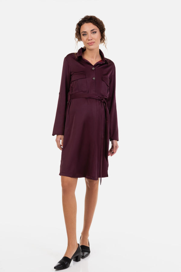 Σατινέ φόρεμα εγκυμοσύνης και θηλασμού σε μπορντώ χρώμα - - soonMAMA - Η σωστή προσθήκη στην κομψή και άνετη εγκυμοσύνη! - Παλτά για έγκυες