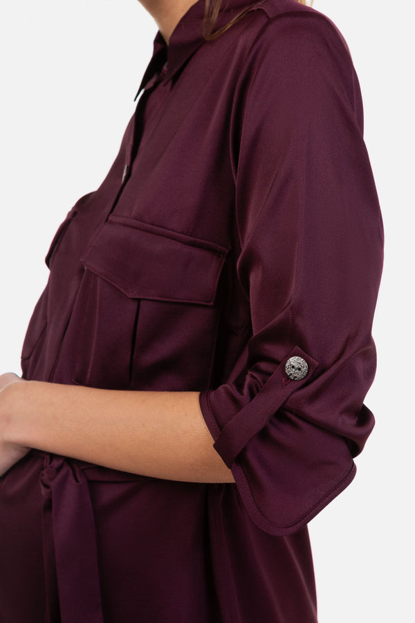 Σατινέ φόρεμα εγκυμοσύνης και θηλασμού σε μπορντώ χρώμα - - soonMAMA - Η σωστή προσθήκη στην κομψή και άνετη εγκυμοσύνη! - Παλτά για έγκυες