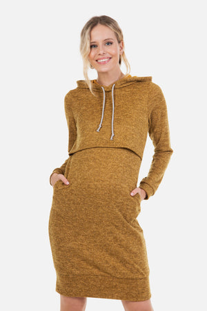 Φόρεμα εγκυμοσύνης και θηλασμού με κουκούλα - ώχρα - - soonMAMA - Η σωστή προσθήκη στην κομψή και άνετη εγκυμοσύνη! - Παλτά για έγκυες