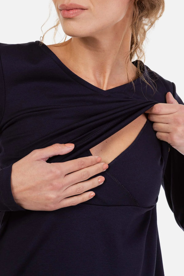 Κομψό σκούρο μπλε φόρεμα εγκυμοσύνης και θηλασμού - - soonMAMA - Η σωστή προσθήκη στην κομψή και άνετη εγκυμοσύνη! - Παλτά για έγκυες