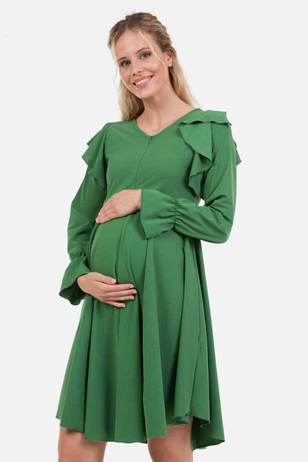 Αεράτο φόρεμα εγκυμοσύνης και θηλασμού σε χρώμα πράσινο - - soonMAMA - Η σωστή προσθήκη στην κομψή και άνετη εγκυμοσύνη! - Παλτά για έγκυες