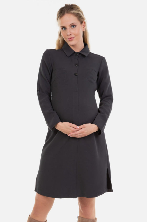 Πουκαμισ-οφόρεμα εγκυμοσύνης και θηλασμού από ύφασμα με υφή – γκρι - - soonMAMA - Η σωστή προσθήκη στην κομψή και άνετη εγκυμοσύνη! - Παλτά για έγκυες