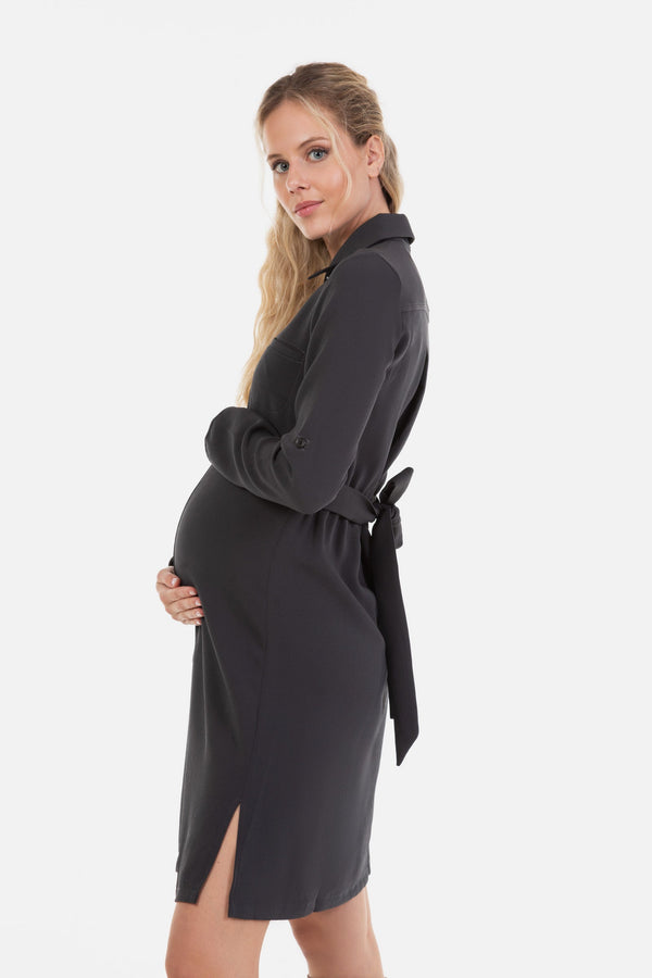 Πουκαμισ-οφόρεμα εγκυμοσύνης και θηλασμού από ύφασμα με υφή – γκρι