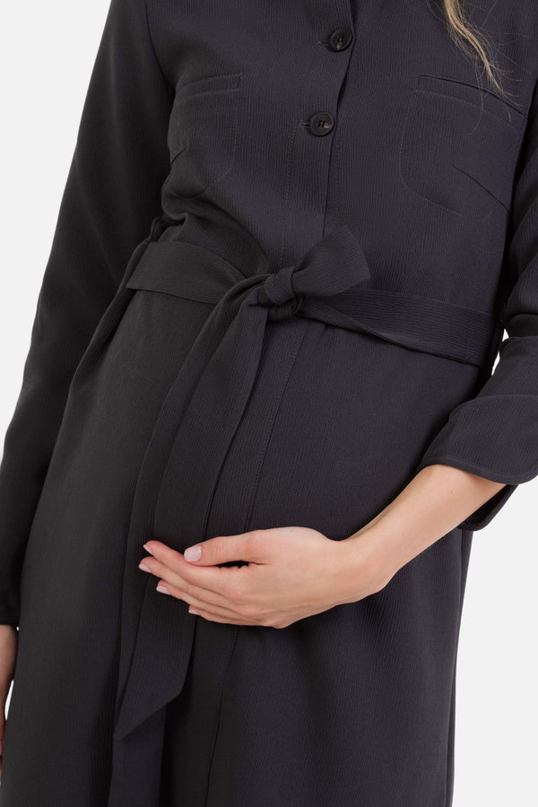 Πουκαμισ-οφόρεμα εγκυμοσύνης και θηλασμού από ύφασμα με υφή – γκρι - - soonMAMA - Η σωστή προσθήκη στην κομψή και άνετη εγκυμοσύνη! - Παλτά για έγκυες