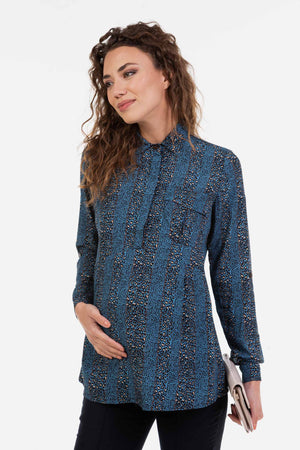 Πουκάμισο εγκυμοσύνης και θηλασμού με λεοπάρ σχέδιο – μπλε - - soonMAMA - Η σωστή προσθήκη στην κομψή και άνετη εγκυμοσύνη! - Παλτά για έγκυες