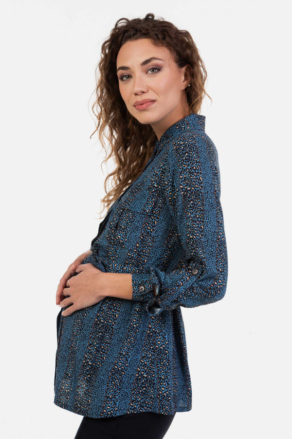 Πουκάμισο εγκυμοσύνης και θηλασμού με λεοπάρ σχέδιο – μπλε - - soonMAMA - Η σωστή προσθήκη στην κομψή και άνετη εγκυμοσύνη! - Παλτά για έγκυες