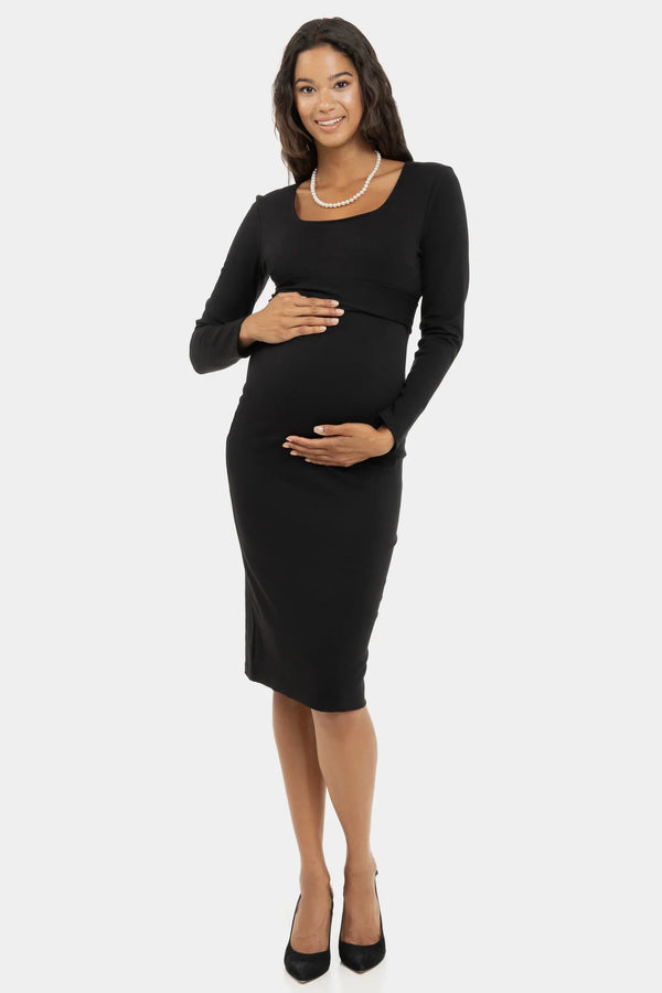 Κομψό μακρύ φόρεμα με φαρδιά ζώνη σε μαύρο χρώμα - - soonMAMA - Η σωστή προσθήκη στην κομψή και άνετη εγκυμοσύνη! - Παλτά για έγκυες