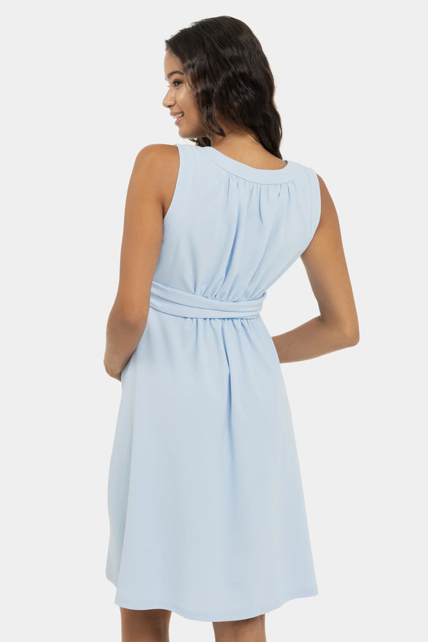 Ανοιχτό μπλε κομψό φόρεμα εγκυμοσύνης με σούρες - Clothing - soonMAMA - Η σωστή προσθήκη στην κομψή και άνετη εγκυμοσύνη! - Παλτά για έγκυες