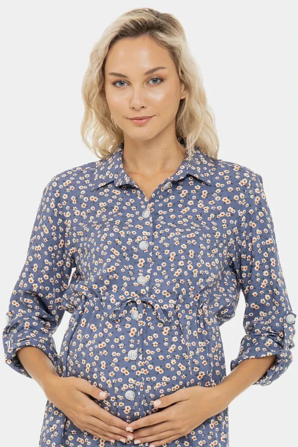 Βαμβακερό φόρεμα-πουκάμισο εγκυμοσύνης και θηλασμού με λουλουδάτο μοτίβο - - soonMAMA - Η σωστή προσθήκη στην κομψή και άνετη εγκυμοσύνη! - Παλτά για έγκυες