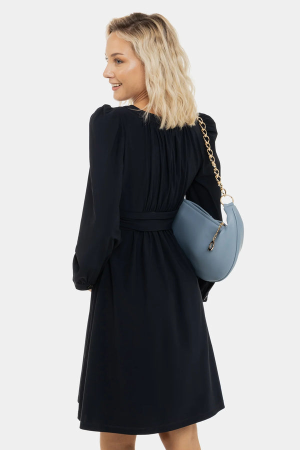 Σκούρο μπλε κομψό φόρεμα εγκυμοσύνης με σούρες - - soonMAMA - Η σωστή προσθήκη στην κομψή και άνετη εγκυμοσύνη! - Παλτά για έγκυες