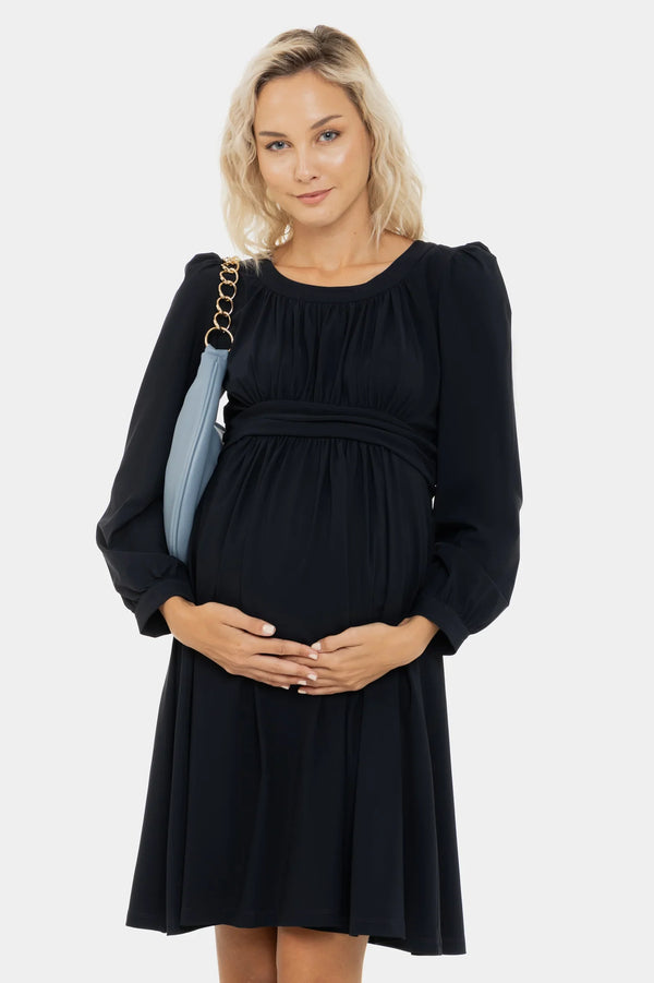 Σκούρο μπλε κομψό φόρεμα εγκυμοσύνης με σούρες - - soonMAMA - Η σωστή προσθήκη στην κομψή και άνετη εγκυμοσύνη! - Παλτά για έγκυες