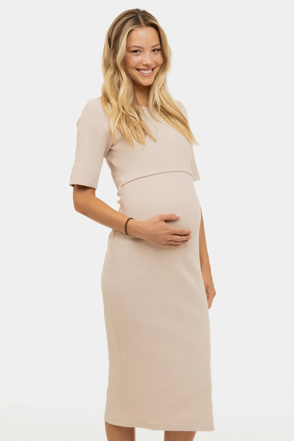 Φόρεμα εγκυμοσύνης και θηλασμού από βαμβακερό ριμπ – μπεζ