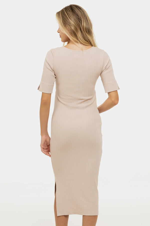 Φόρεμα εγκυμοσύνης και θηλασμού από βαμβακερό ριμπ – μπεζ