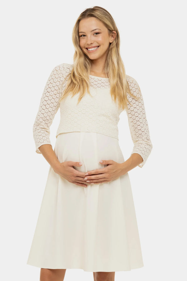Εκρού φόρεμα εγκυμοσύνη και θηλασμού με δαντέλα - Φόρεμα - soonMAMA - Η σωστή προσθήκη στην κομψή και άνετη εγκυμοσύνη! - Παλτά για έγκυες