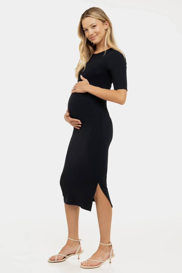 Μακρύ φόρεμα εγκυμοσύνης και θηλασμού με ανοίγματα σε σκούρο μπλε - - soonMAMA - Η σωστή προσθήκη στην κομψή και άνετη εγκυμοσύνη! - Παλτά για έγκυες