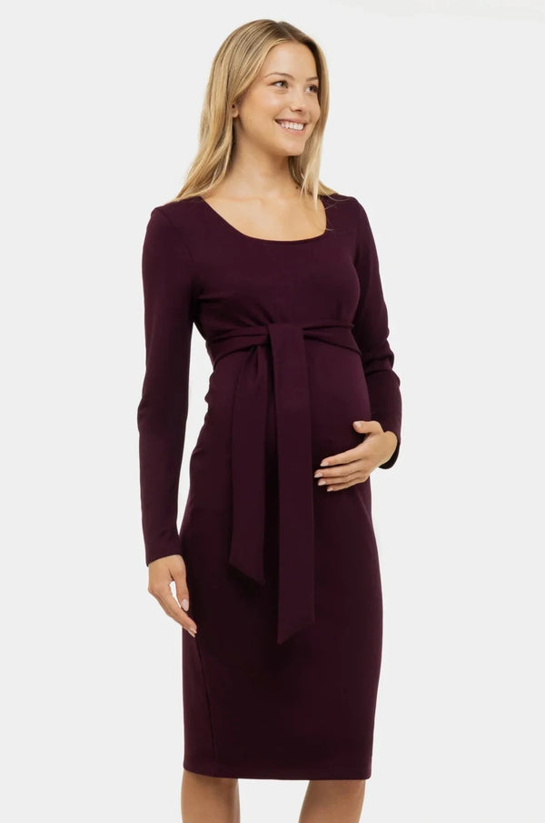 Κομψό μακρύ φόρεμα εγκυμοσύνης με φαρδιά ζώνη σε μπορντό χρώμα