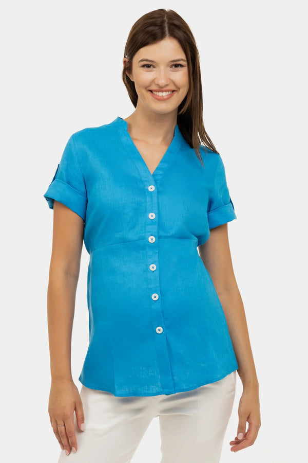 Λινό πουκάμισο εγκυμοσύνης και θηλασμού – μπλε - - soonMAMA - Η σωστή προσθήκη στην κομψή και άνετη εγκυμοσύνη! - Παλτά για έγκυες