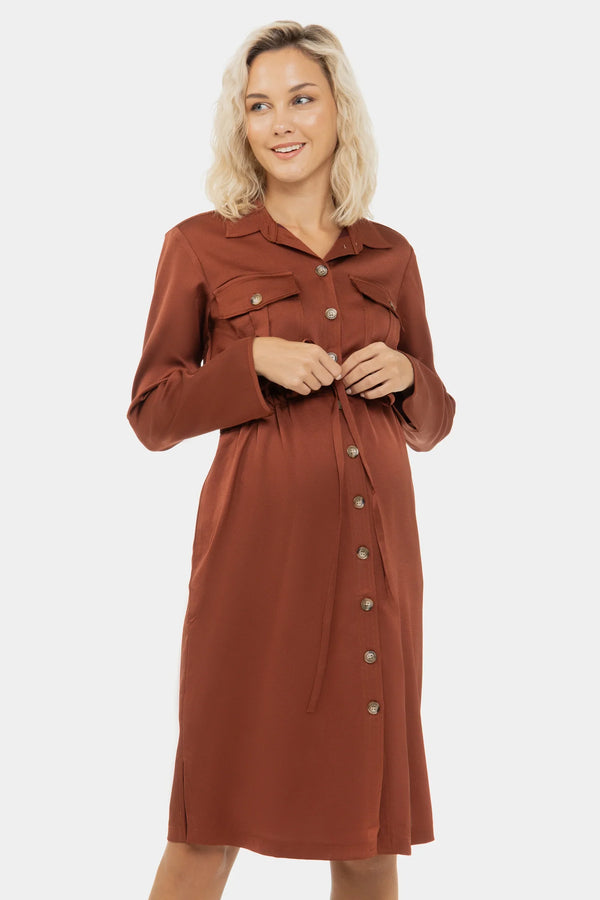 Σατινέ φόρεμα σεμιζιέ εγκυμοσύνης και θηλασμού - - soonMAMA - Η σωστή προσθήκη στην κομψή και άνετη εγκυμοσύνη! - Παλτά για έγκυες