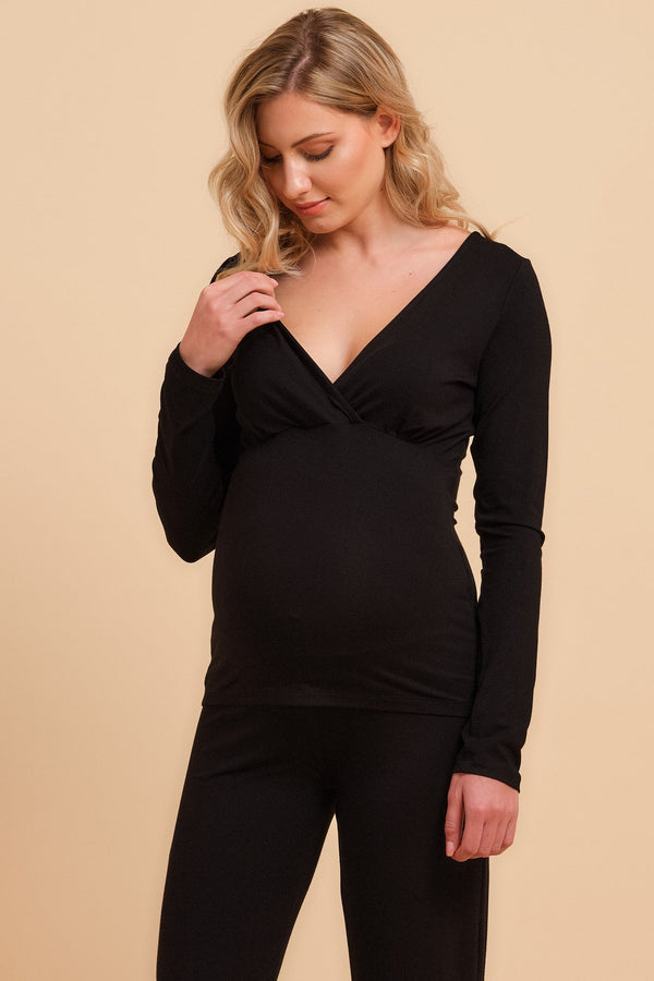 Βαμβακερή πιτζάμα εγκυμοσύνης και θηλασμού σε μαύρο χρώμα