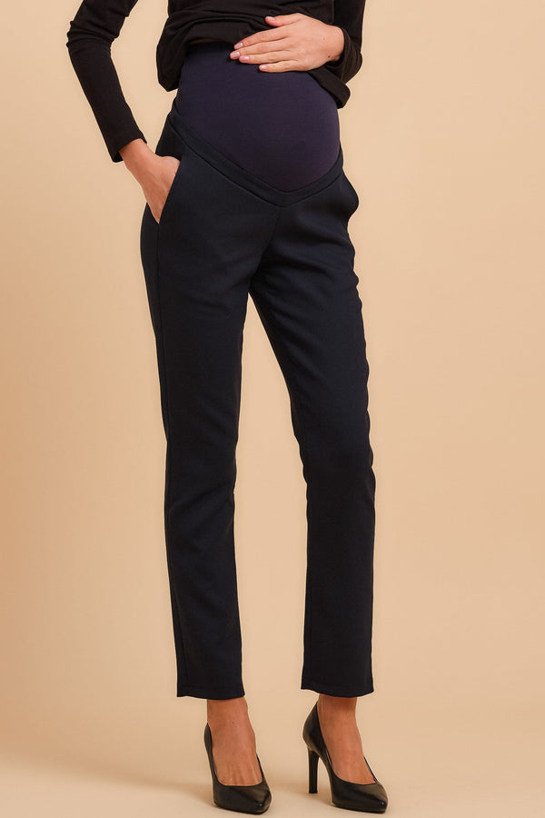 Σκούρο μπλε παντελόνι εγκυμοσύνης με βαμβακερή σύνθεση - - soonMAMA - Η σωστή προσθήκη στην κομψή και άνετη εγκυμοσύνη! - Παλτά για έγκυες