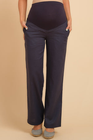 Παντελόνι εγκυμοσύνης από λινό με καμπάνα – σκούρο μπλε - Clothing - soonMAMA - Η σωστή προσθήκη στην κομψή και άνετη εγκυμοσύνη! - Παλτά για έγκυες