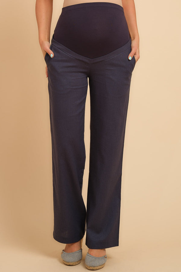 Παντελόνι εγκυμοσύνης από λινό με καμπάνα – σκούρο μπλε - Clothing - soonMAMA - Η σωστή προσθήκη στην κομψή και άνετη εγκυμοσύνη! - Παλτά για έγκυες