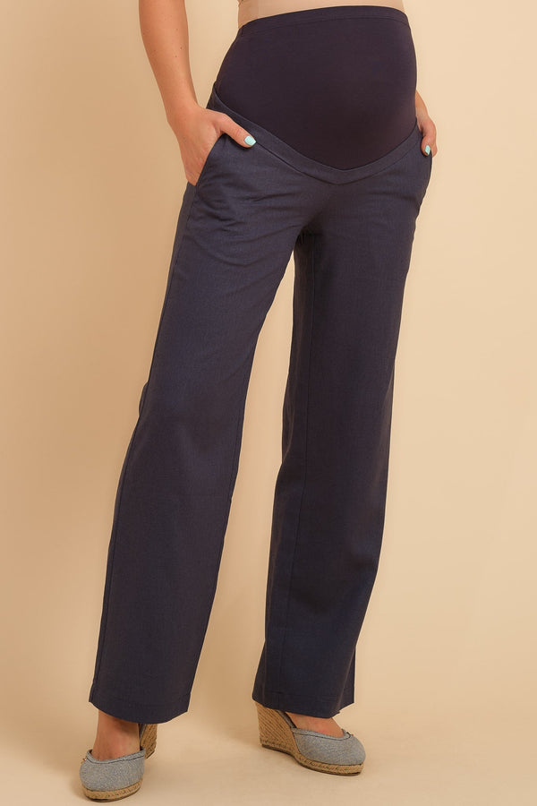 Παντελόνι εγκυμοσύνης από λινό με καμπάνα – σκούρο μπλε - Clothing - soonMAMA - Η σωστή προσθήκη στην κομψή και άνετη εγκυμοσύνη! - Παλτά για έγκυες