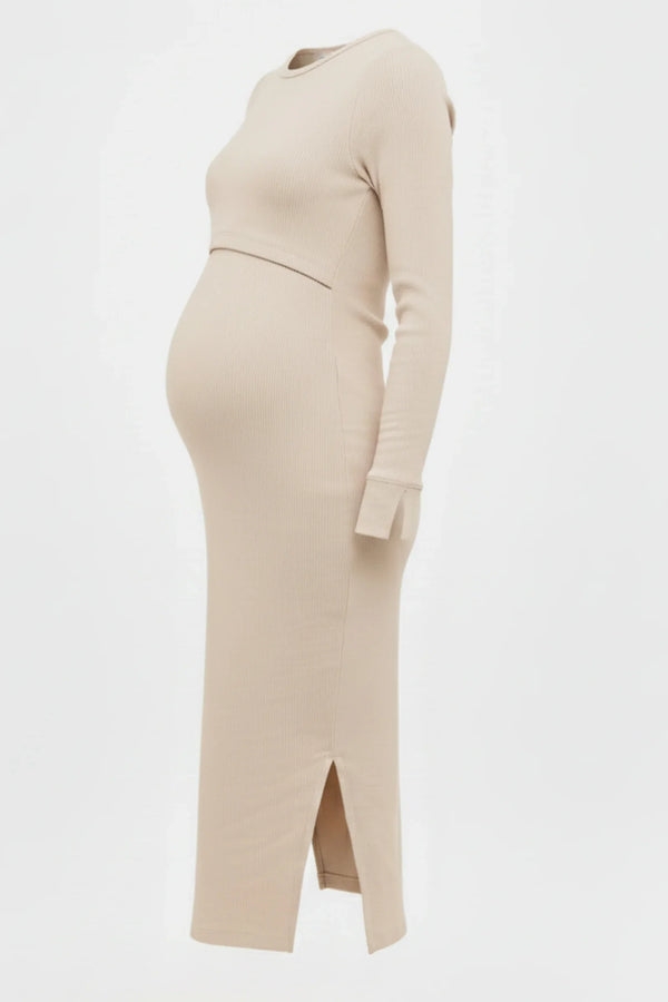 Ριπ βαμβακερό φόρεμα εγκυμοσύνης και θηλασμού - μπεζ - - soonMAMA - Η σωστή προσθήκη στην κομψή και άνετη εγκυμοσύνη! - Παλτά για έγκυες