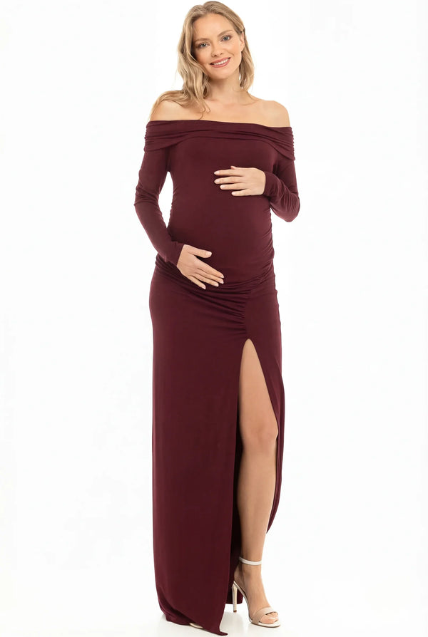Μακρύ κομψό φόρεμα με ακάλυπτους ώμους - μπορντό - - soonMAMA - Η σωστή προσθήκη στην κομψή και άνετη εγκυμοσύνη! - Παλτά για έγκυες